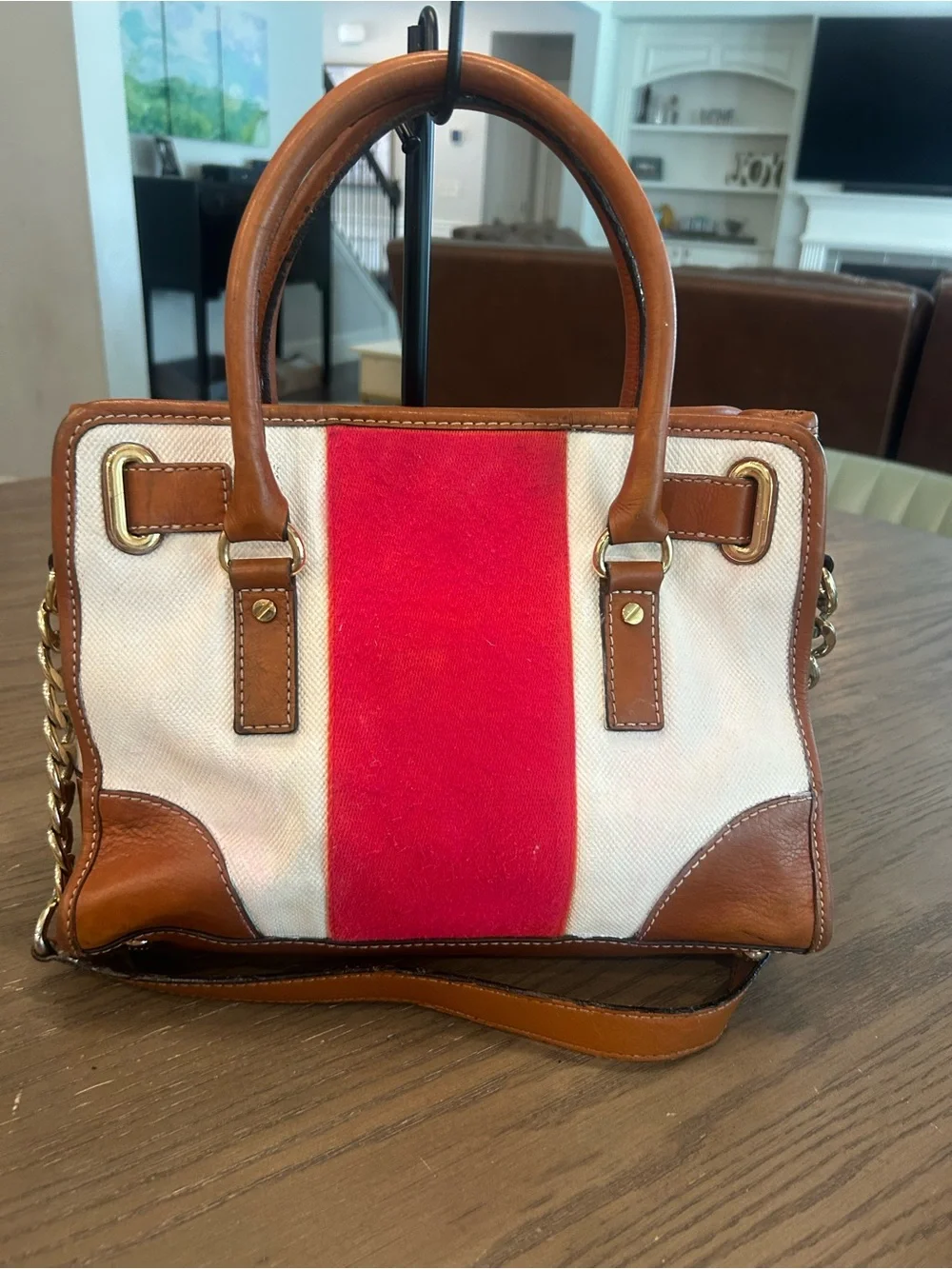 Michael Kors Brown Leather & Red Stripe Canvas Satchel
